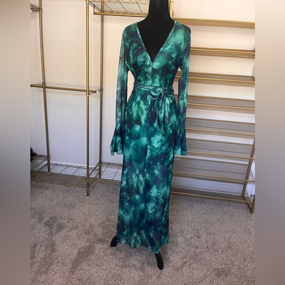 Green patterned mesh floor length dress